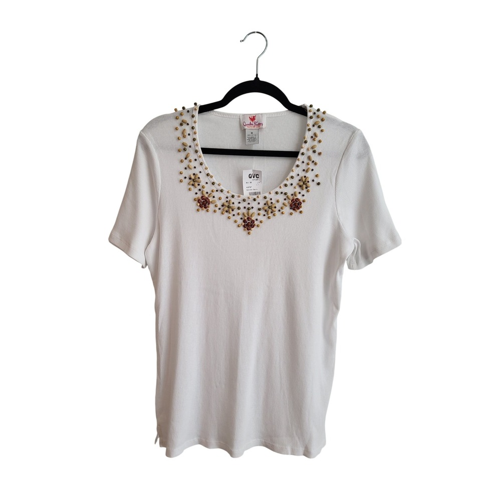 Quacker Factory Beaded Floral Top Womens M White V-neck Ribbed Cotton Tee NEW